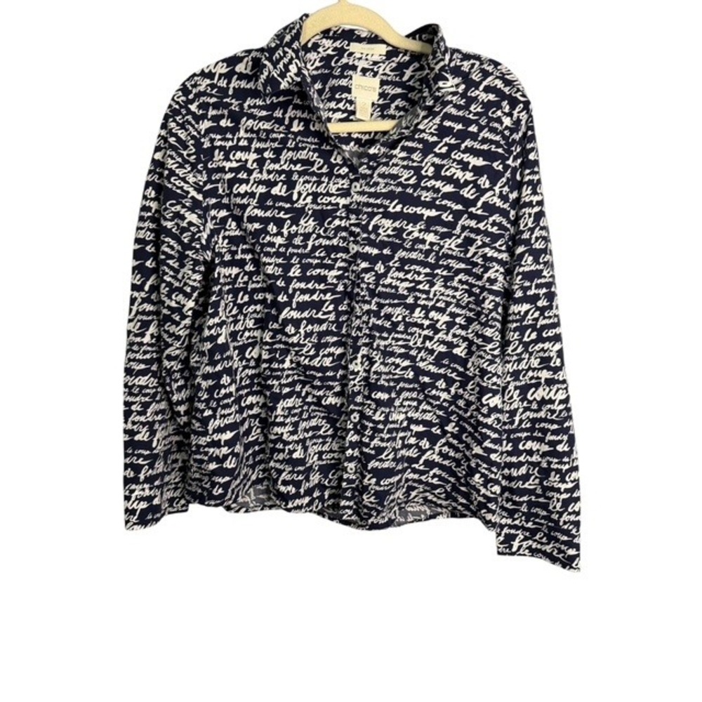 Chicos Blouse Women's Large No Iron Button French Script Blue White Chico's 2